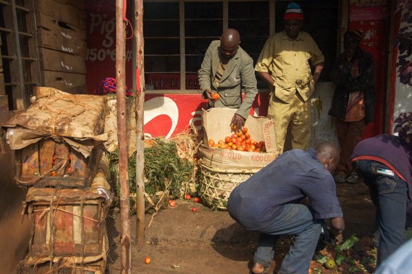 In the small market town of Lukozi in northeastern Tanzania, farmers sell their produce or pack it onto trucks for transport to bigger markets. Credit: Rachel Cernansky.