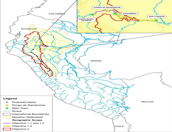Map for a project funded by the Inter-American Development Bank (IDB) researching the potential impacts of dams on the Marañón River. The Pongo de Manseriche is one of the main focus areas. Map credit: IDB