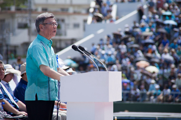 Okinawa's governor, Takeshi Onaga, addressed an estimated 35,000 protesters opposed to construction of the new air base in the city of Naha on May 17, 2015. Onaga was elected on an anti-air base platform last November. Photo credit: ©Greenpeace / Kayo Sawaguchi.