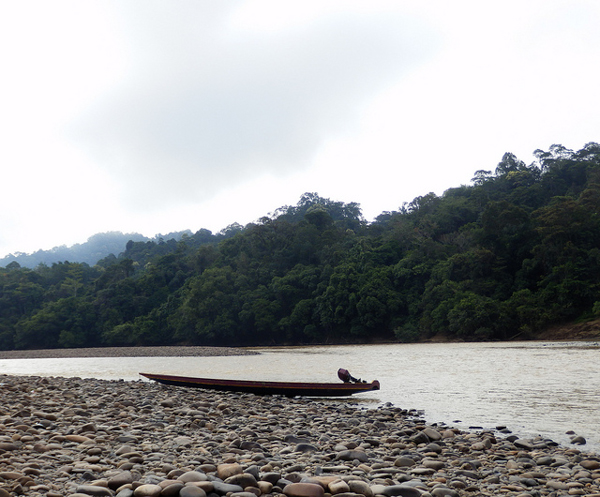 A boat rests on the shore of the Baram River in Sarawak, Malaysia. The area will be inundated if the controversial 1,200-megawatt Baram Dam is built. Photo credit: International Rivers.